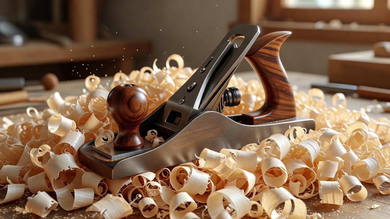 A beautifully tuned hand plane resting on a pile of translucent wood shavings