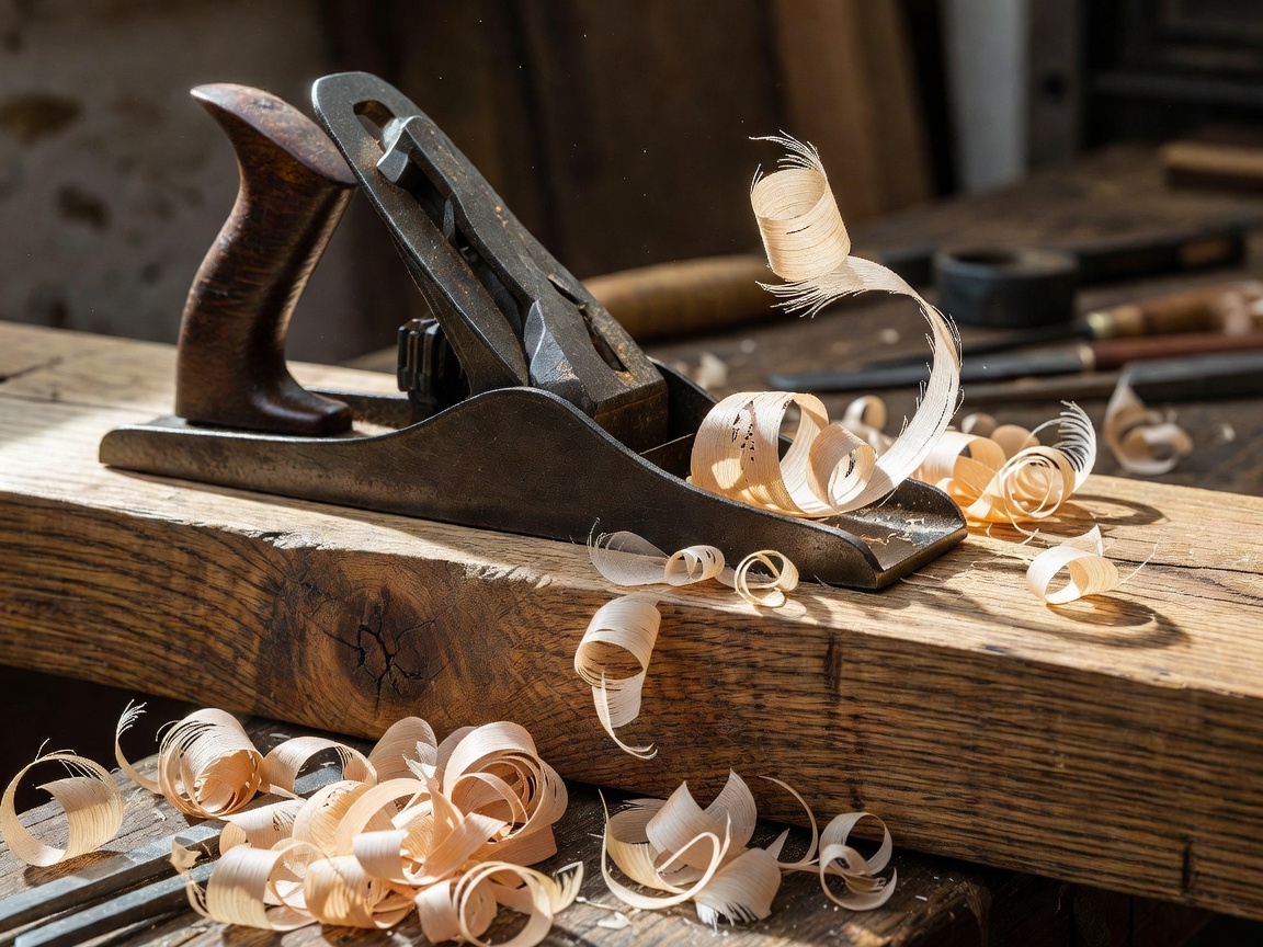A cast iron hand plane producing thin wood shavings from a timber board