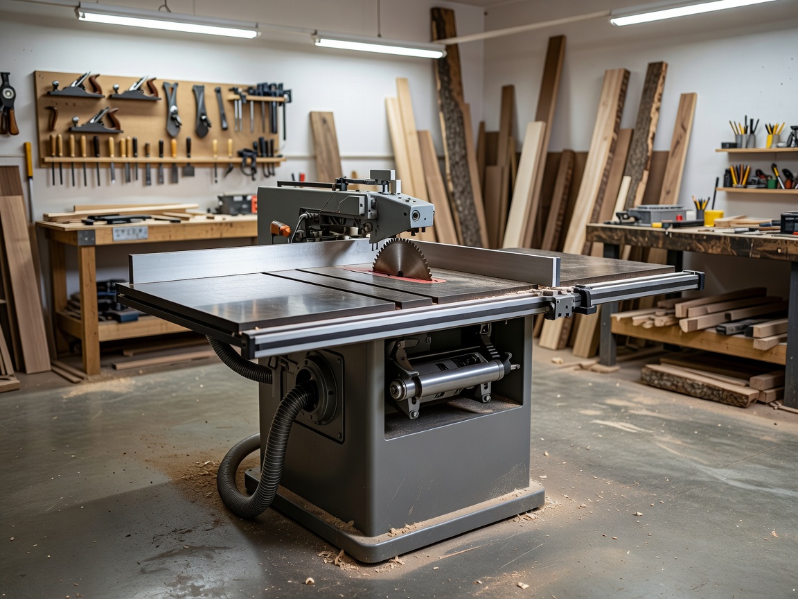A heavy duty cabinet table saw in a brightly lit woodworking shop