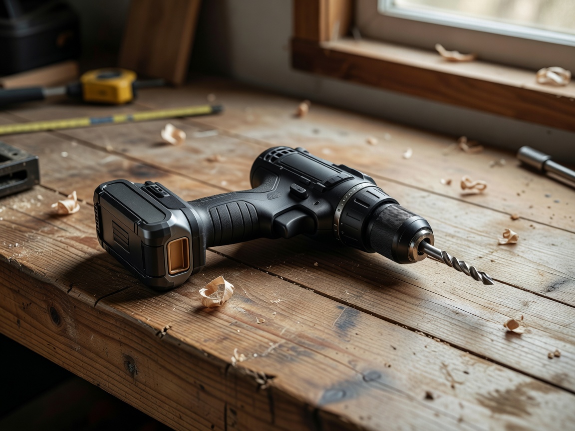 A modern cordless power drill resting on a wooden workbench
