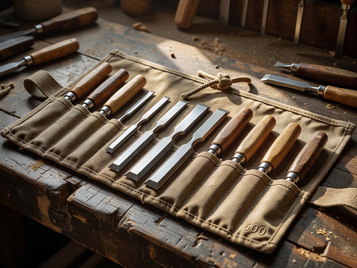 A set of bench chisels lined up in a canvas tool roll