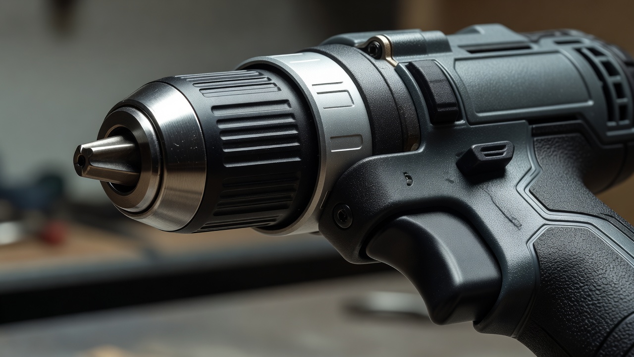 Detailed close up of a power drill chuck and trigger mechanism