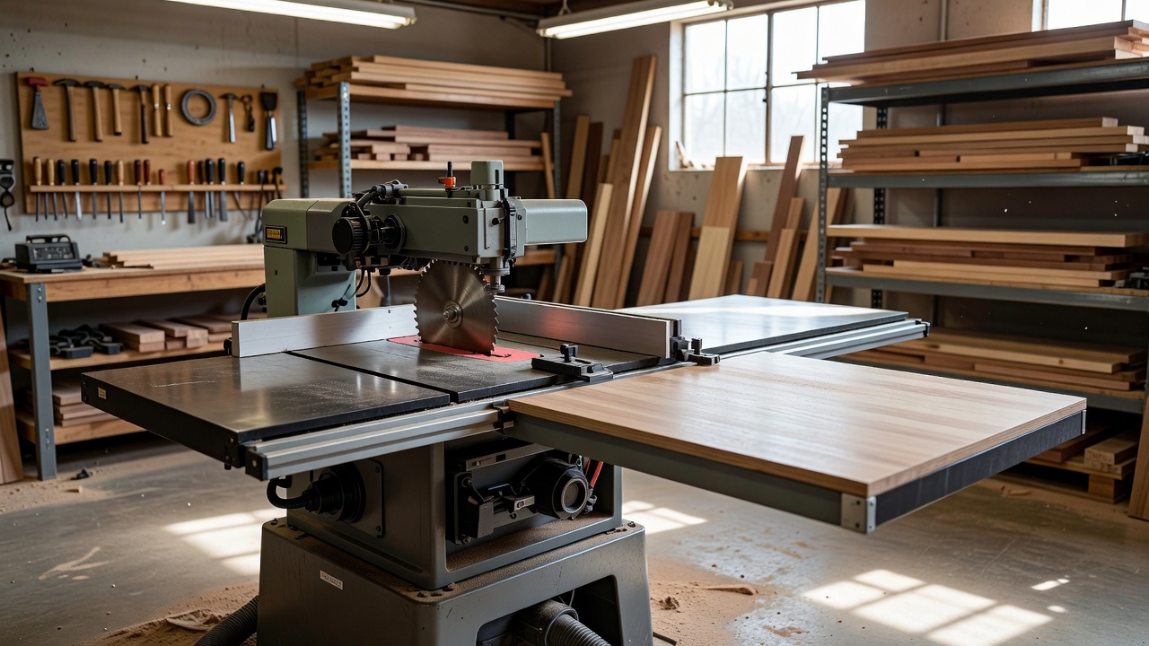 Large cabinet table saw with outfeed table in a professional woodworking environment