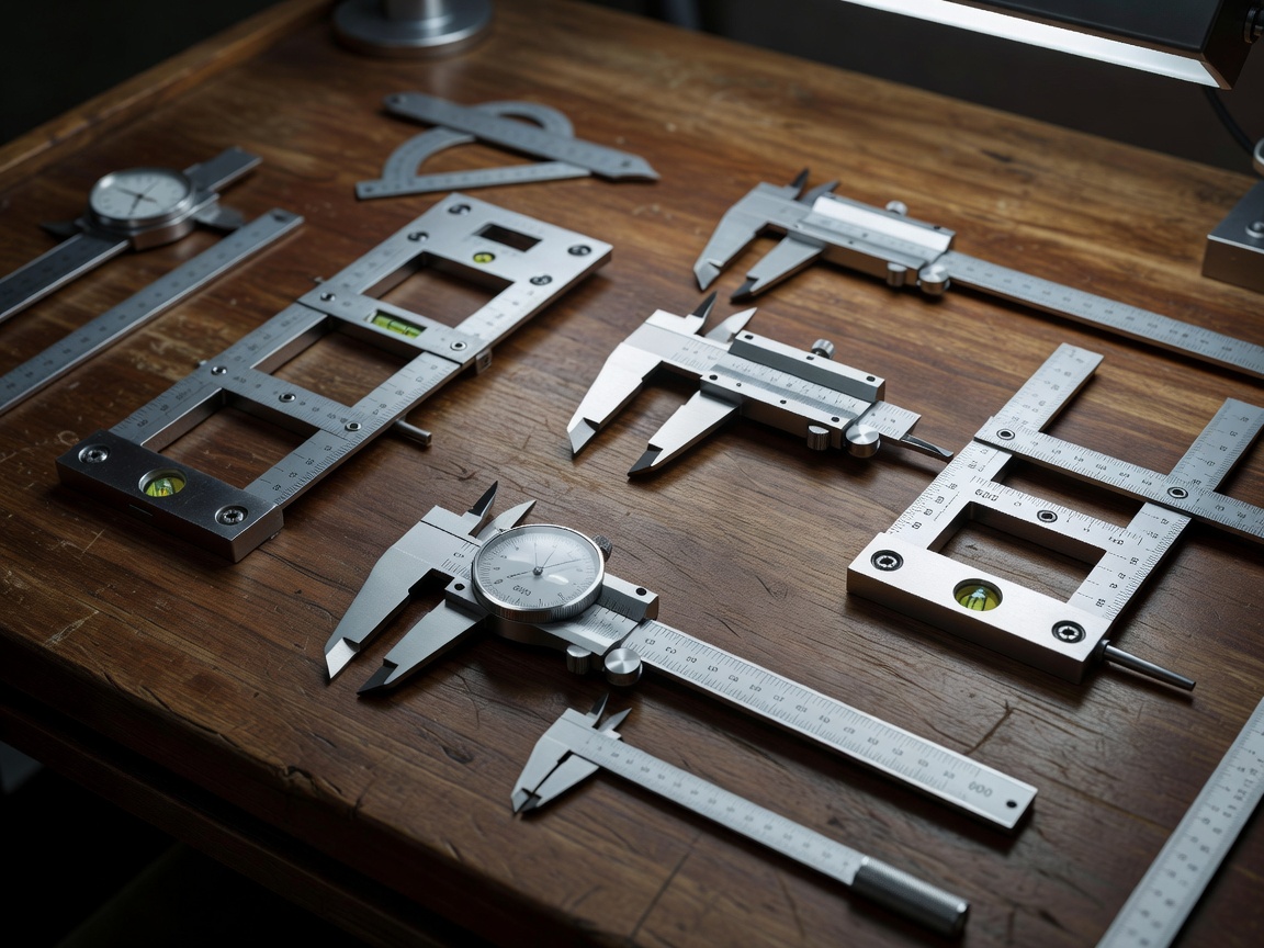Precision dial calipers and combination squares laid out on a drafting table