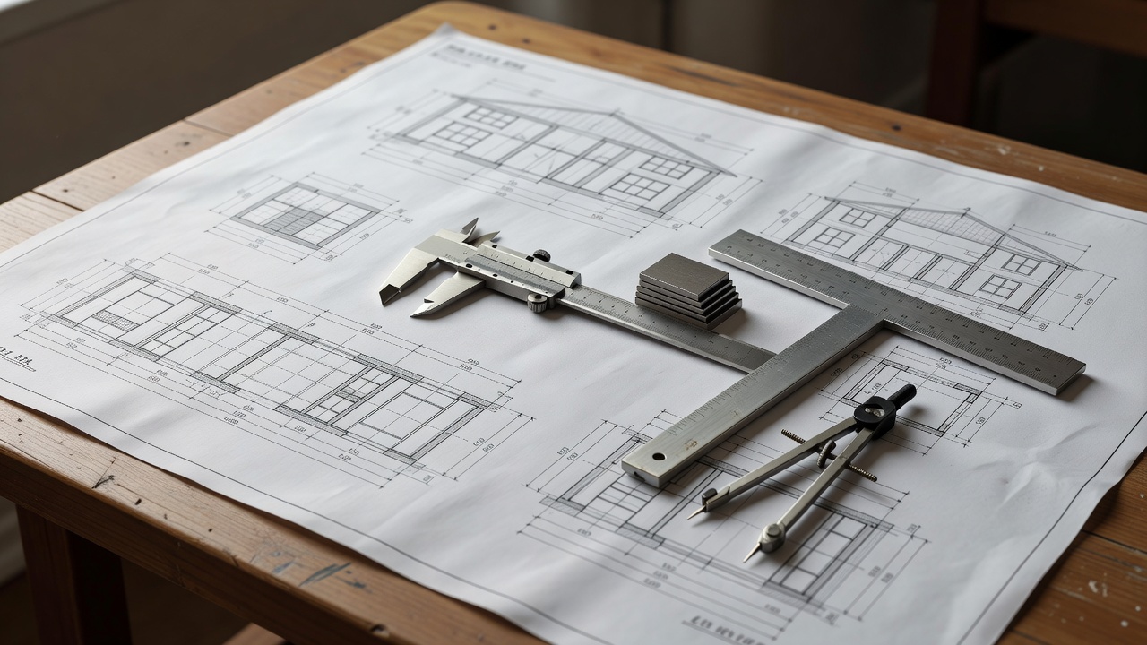 Precision measuring tools resting on architectural drafting plans