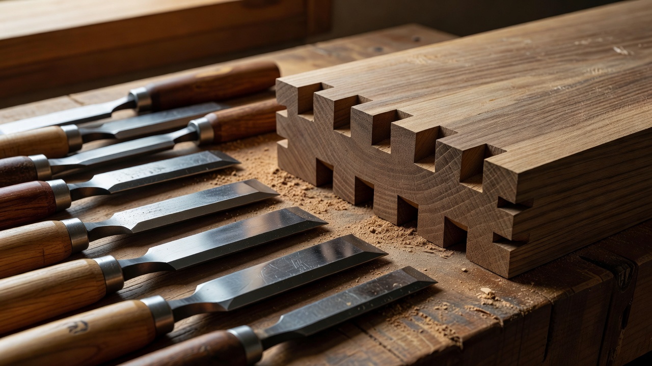 Various woodworking chisels laid next to freshly cut dovetail joints